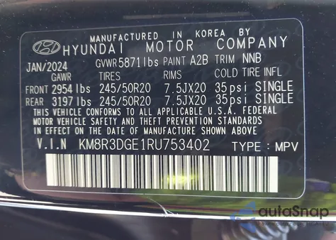2024 Hyundai Palisade Xrt from USA, damaged, VIN KM8R3DGE1RU753402